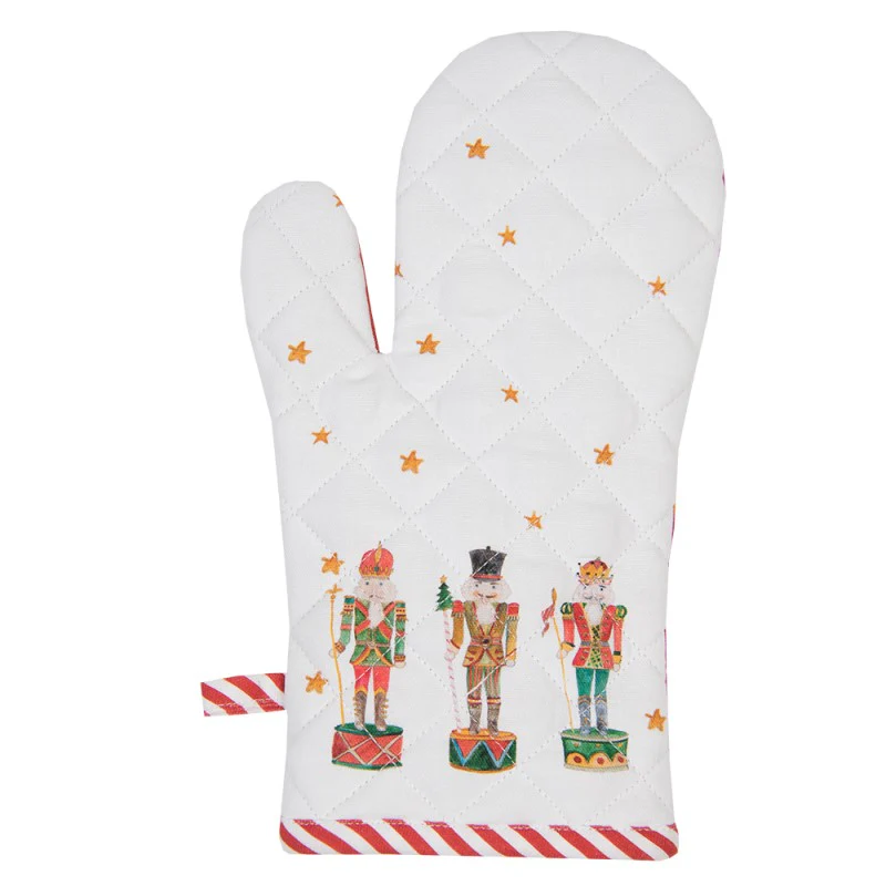 Clayre & Eef Guanto da forno bianco, rosso natalizio con schiaccianoci 18x30 cm - Image 3