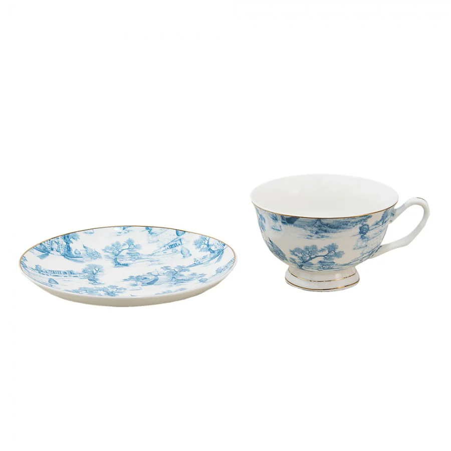 Clayre & Eef Set 2 Tazze da tè in porcellana bianco/blu con piattino "Toile de Jouy" 250 ml - Image 3