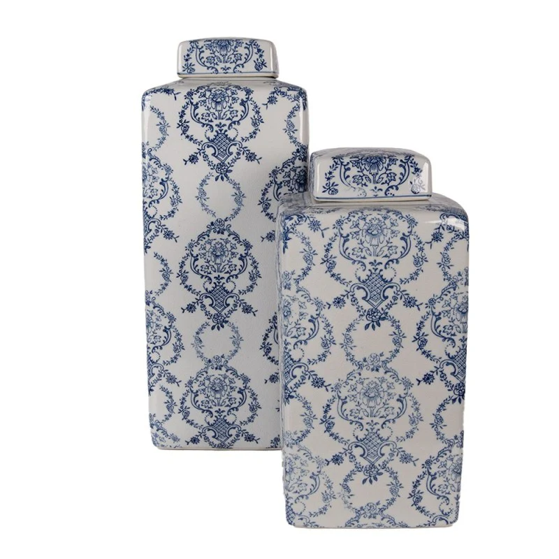Clayre & Eef Vaso portafiori in ceramica Bianco/Blu con coperchio 15x15xH31 cm - Image 4