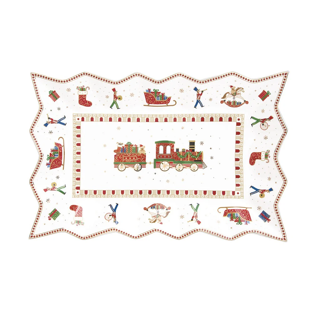 EASY LIFE Piatto da portata “Polar Express” con trenino in porcellana 35x23cm