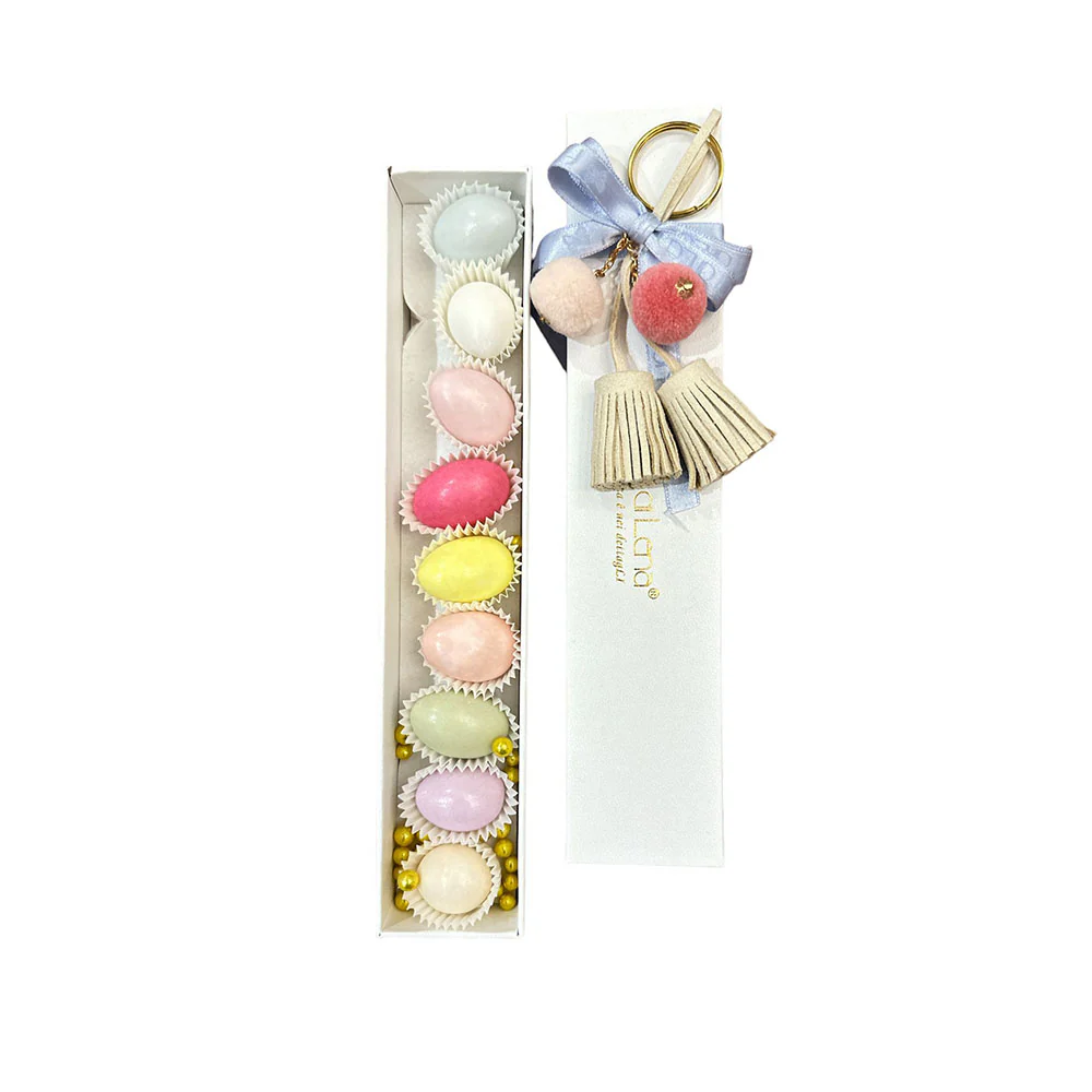 FIORI DI LENA Scatolina bomboniera con portachiavi nappine, bonbon e confetti 100% Made in italy 4 varianti  H/L 22.5x4.5 cm - Image 3
