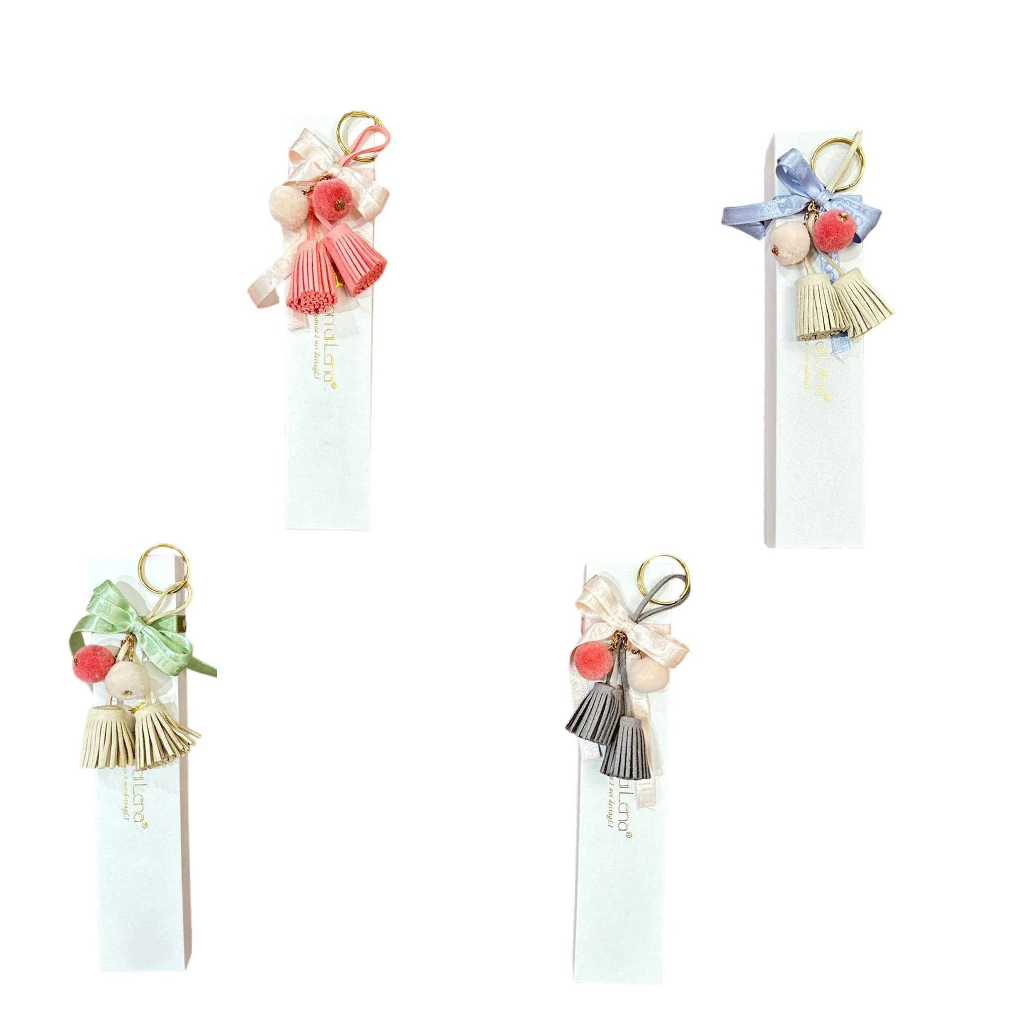 FIORI DI LENA Scatolina bomboniera con portachiavi nappine, bonbon e confetti 100% Made in italy 4 varianti  H/L 22.5x4.5 cm - Image 4