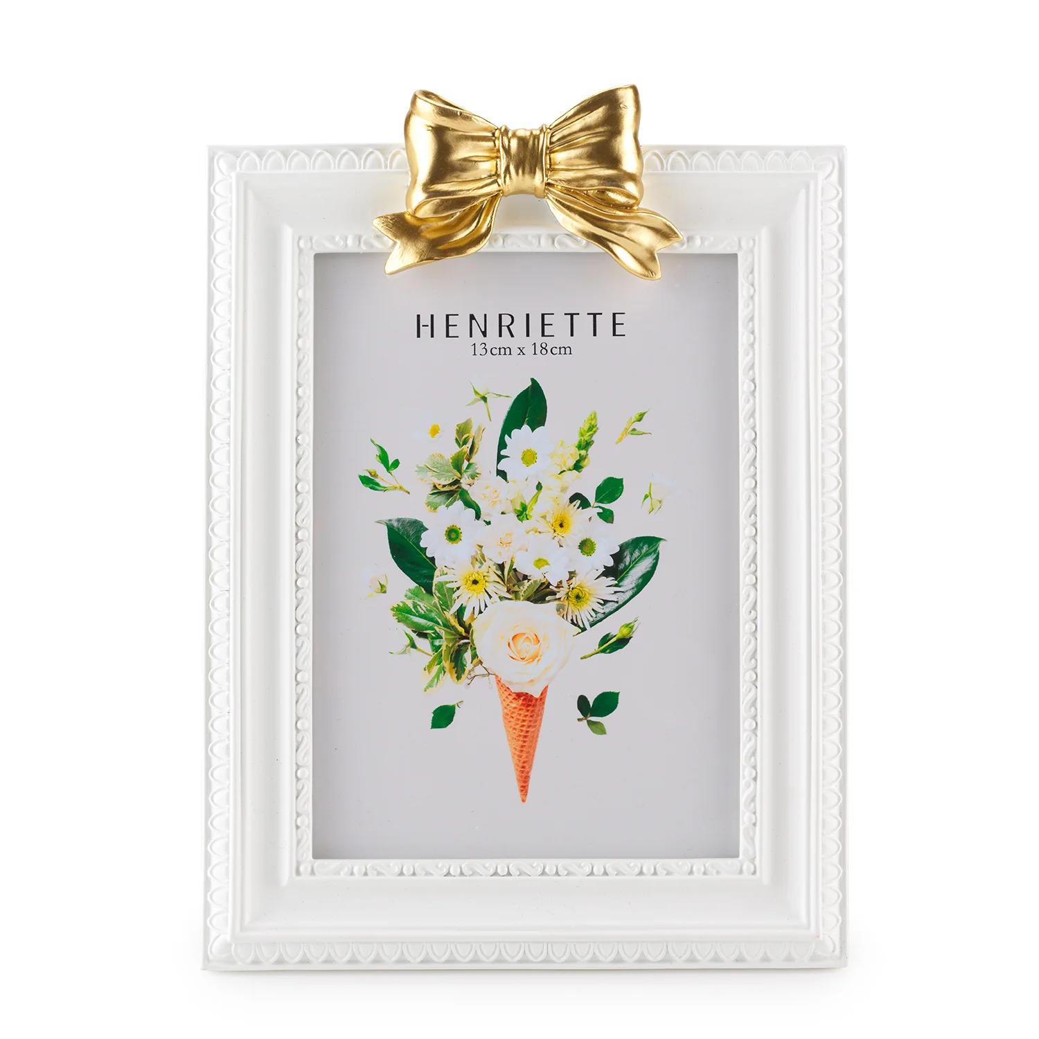 Henriette Cornice Bow Portafoto in resina bianco/oro con fiocco "Ostuni" 18x24,5cm(13x18cm)