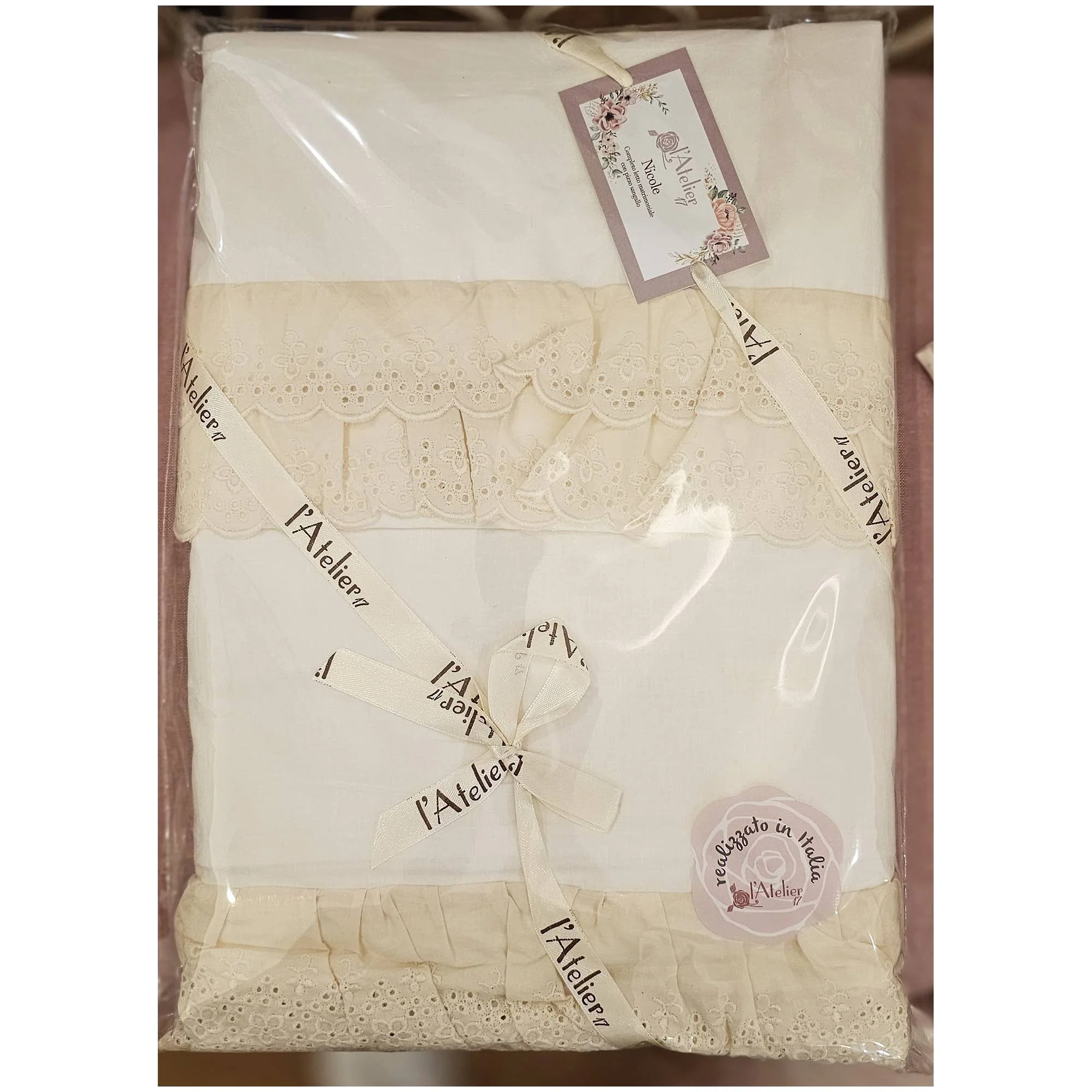 L'Atelier 17 Completo Letto matrimoniale lenzuola in cotone e pizzo "Nicole" 4 varianti(1pz) - Image 5