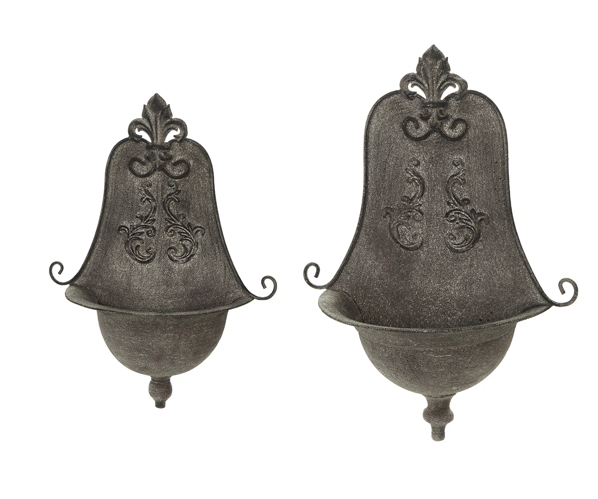 NUVOLE DI STOFFA Set due Portafiori mezzo vaso da parete in metallo grigio, effetto anticato vintage shabby chic Belle Epoque